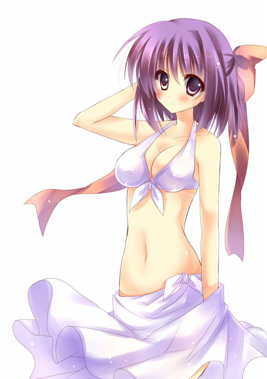 bikini bow breasts cleavage front-tie_top hair_bow hair_ribbon highres large_breasts original purple_eyes purple_hair ribbon sarong short_hair solo swimsuit type_(artist) violet_eyes