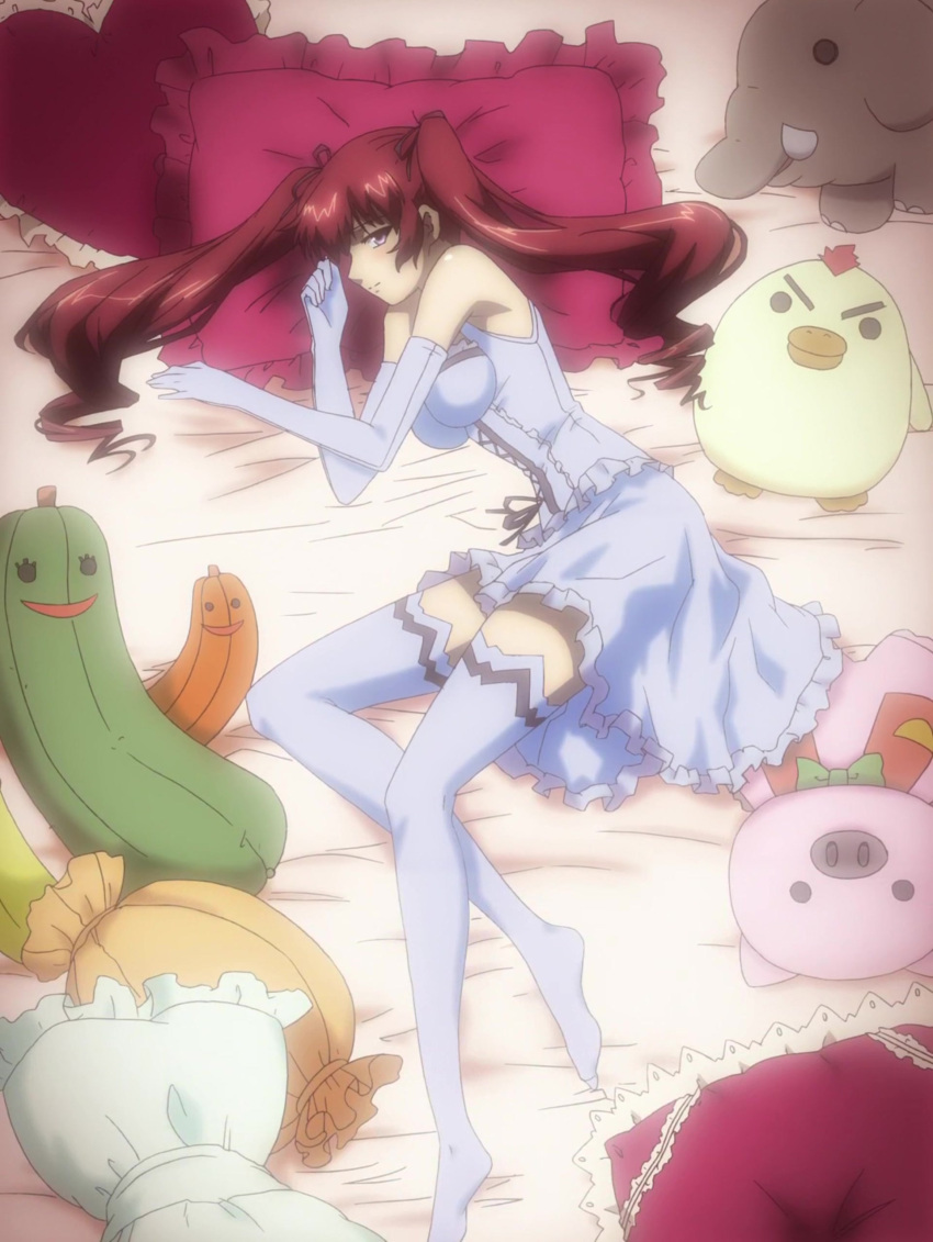 absurdres bare_shoulders bed blush breasts corset elbow_gloves freezing freezing_(series) ganessa_roland genessa_roland gloves heart highres legs lying no_shoes on_bed on_side pillow red_hair screencap solo stitched stuffed_animal stuffed_toy thigh-highs thighhighs white_legwear zettai_ryouiki