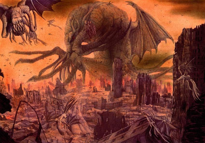 apocalypse city cityscape cloud cthulhu cthulhu_mythos dust flying highres hiyokemusi lovecraft monochrome monster nightgaunt no_humans red red_sky ruins screwed sky tentacle tentacles wings