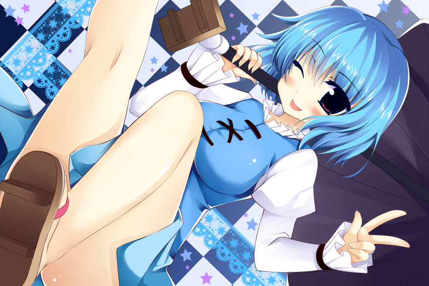 bare_legs blue_hair breasts highres kusano_(torisukerabasu) large_breasts looking_at_viewer red_eyes short_hair solo tatara_kogasa touhou umbrella v wink