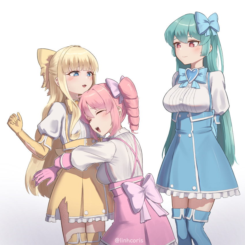 3girls absurdres arms_behind_back blonde_hair blue_corset blue_eyes blue_gemstone blue_thighhighs bow closed_eyes corset drill_hair elbow_gloves english_commentary gem gloves green_hair hair_bow heart-shaped_gem highres light_smile linhcoris long_hair long_sidelocks magia_azure magia_magenta magia_sulfur magical_girl mahou_shoujo_ni_akogarete multiple_girls open_mouth pink_bow pink_corset pink_gloves pink_hair red_eyes sidelocks suspenders teeth thigh-highs torn_clothes torn_corset torn_gloves twin_drills twitter_username upper_teeth_only very_long_hair yellow_bow yellow_corset yellow_gloves yellow_thighhighs