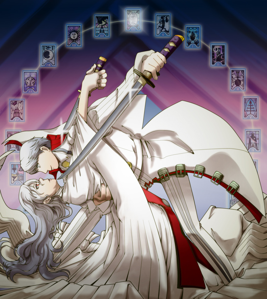 1girl cosplay grey_eyes highres izanagi_no_okami izanagi_no_okami_(cosplay) izanami katana knife long_hair narukami_yuu necktie persona persona_4 red_eyes robe silver_hair smile sword t0kiwa tarot trench_coat weapon