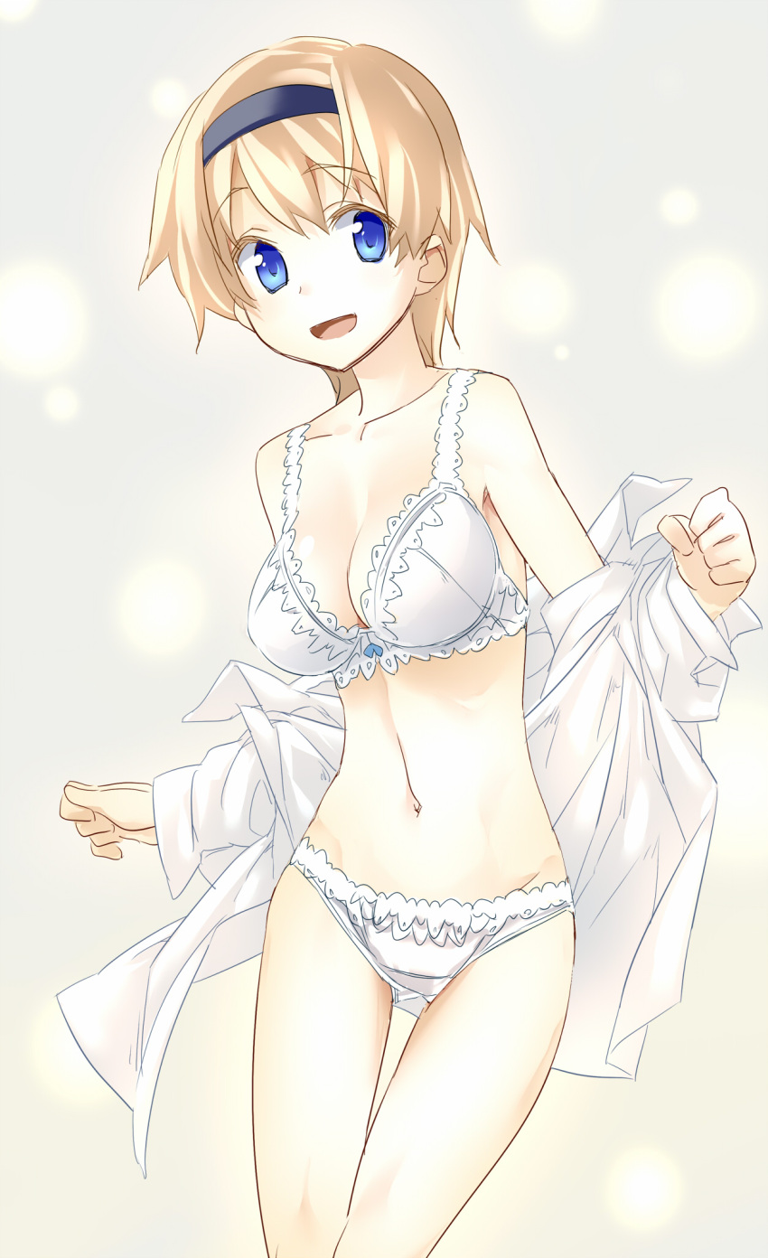 :d bare_shoulders blonde_hair blue_eyes bow_bra bra breasts cleavage dress_shirt hairband highres himura_kiseki lingerie navel off_shoulder open_clothes open_mouth open_shirt original panties shiny shiny_skin shirt short_hair simple_background smile solo thigh_gap thighs underwear white_bra white_panties