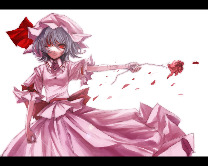 blue_hair bow flower hat hat_ribbon injury lastdark letterboxed outstretched_arm petals red_eyes red_rose remilia_scarlet ribbon rose scar scratches shirt short_hair skirt skirt_set slit_pupils solo touhou
