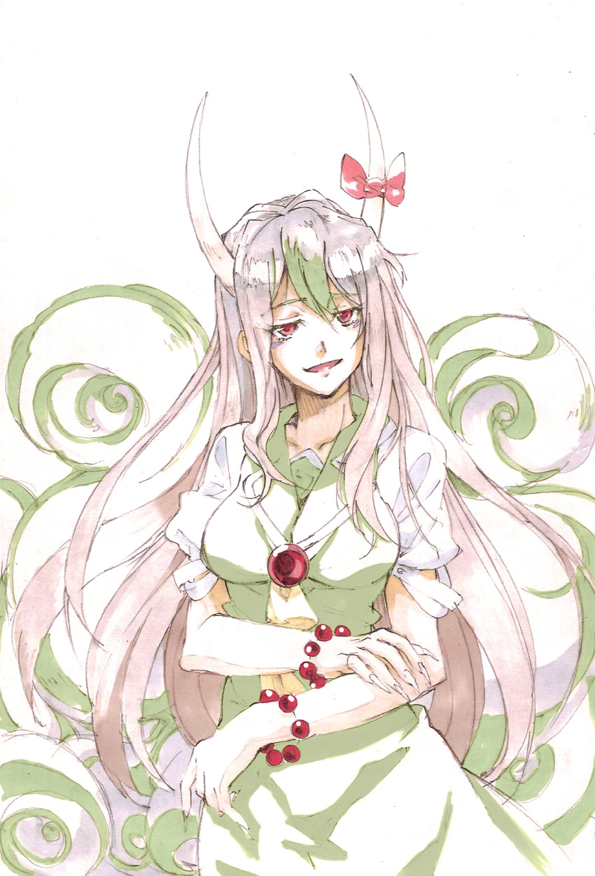 bracelet dress ex-keine green_hair highres horn_ribbon horns jewelry kamishirasawa_keine long_hair marker_(medium) mtmy multicolored_hair open_mouth red_eyes ribbon silver_hair solo touhou traditional_media two-tone_hair