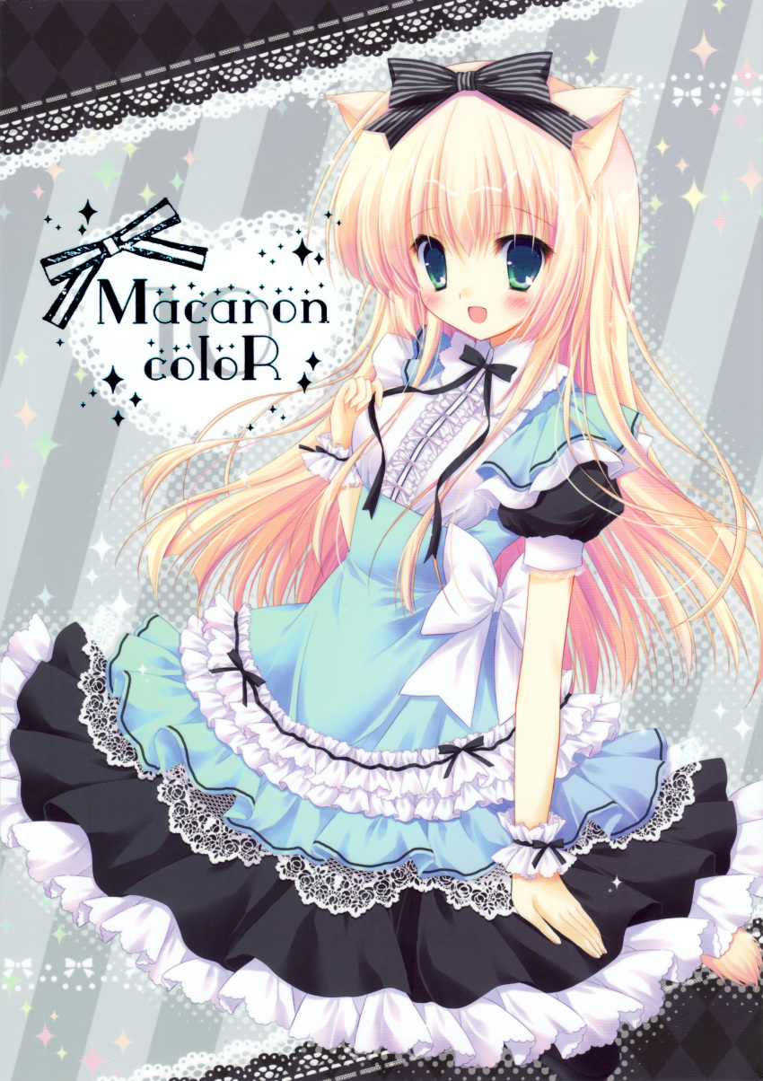 1girl absurdres animal_ears blonde_hair bow cat_ears copyright_request dress frills green_eyes hail hair_bow hasekura_chiaki highres lace striped striped_background
