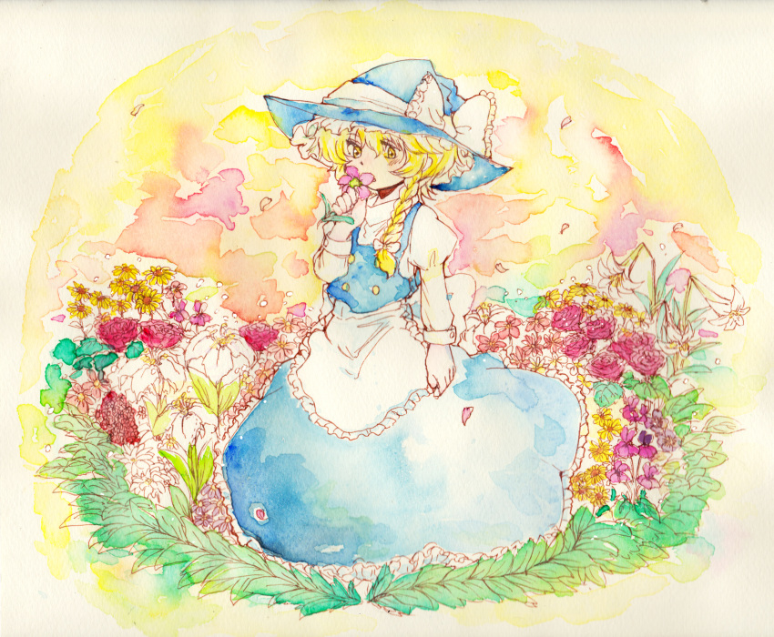 blonde_hair bow braid dress flower flower_field hat hat_bow highres holding holding_flower kirisame_marisa single_braid smelling_flower solo tigern touhou traditional_media watercolor_(medium) witch witch_hat yellow_eyes