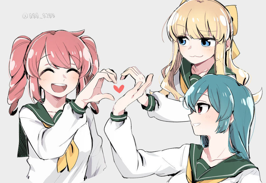 3girls an_sin blonde_hair bow closed_eyes drill_hair green_hair green_sailor_collar grey_background hair_bow hanabishi_haruka heart heart_hands heart_hands_trio highres hiiragi_utena's_school_uniform long_hair long_sleeves mahou_shoujo_ni_akogarete minakami_sayo multiple_girls neckerchief open_mouth pink_hair sailor_collar school_uniform shirt simple_background teeth tenkawa_kaoruko twin_drills twitter_username upper_body upper_teeth_only white_shirt yellow_bow yellow_neckerchief