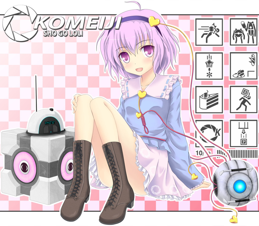 aperture_science_handheld_portal_device blush boots cake crossover eyeball food hairband heart highres komeiji_satori noveske_n4 open_mouth pink_eyes pink_hair portal short_hair smile solo third_eye touhou weighted_companion_cube wheatley