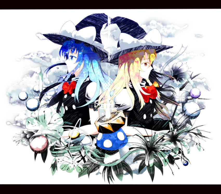 alternate_hair_color blonde_hair blue_eyes blue_hair bow braid dawndusk dress dual_persona hat hat_bow highres kirisame_marisa letterboxed long_hair multiple_girls mushroom single_braid touhou witch witch_hat yellow_eyes