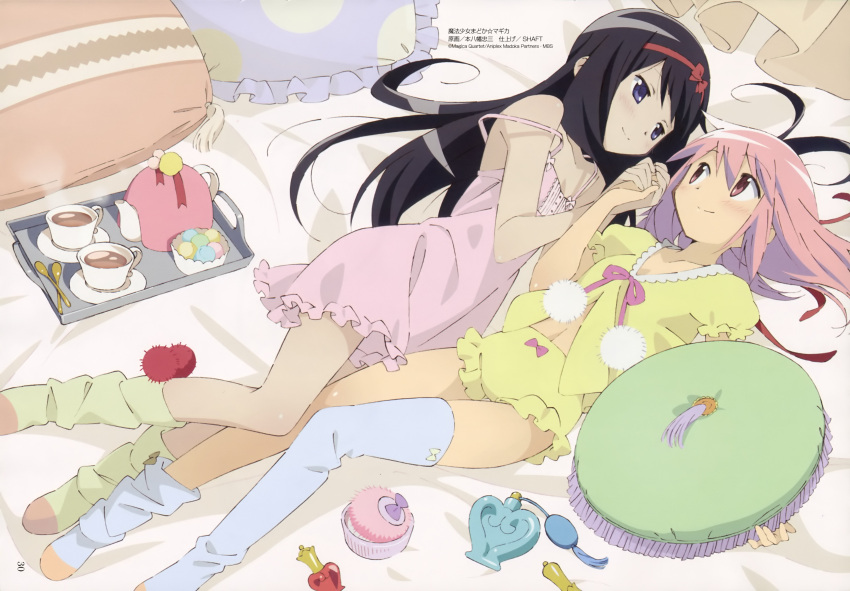absurdres akemi_homura bangs bed_sheet black_hair blue_eyes blue_legwear blush bottle bow bowl boyshorts candy chemise cup drink dutch_angle eye_contact flat_chest food footwear frills from_above fur_trim hair_between_eyes hair_down hair_ribbon hair_spread_out hairband hand_holding highres holding_hands indoors kaname_madoka legs lingerie long_hair looking_at_another loose_socks loose_thighhigh lying mahou_shoujo_madoka_magica makeup midriff motoyawata_chuuzou multiple_girls navel official_art on_back on_bed on_side open_clothes open_shirt pajamas perfume_bottle pillow pink_eyes pink_hair purple_eyes ribbon scan shaft smile sock_pull socks spoon steam strap_slip tea teacup teapot thigh-highs thighhighs time_paradox tray underwear underwear_only untied very_long_hair violet_eyes white_legwear yellow_legwear