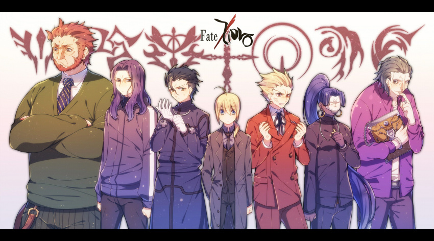 5boys anger_vein assassin_(fate/zero) beard berserker_(fate/zero) blonde_hair book caster_(fate/zero) command_spell cosplay costume_switch cross emiya_kiritsugu emiya_kiritsugu_(cosplay) facial_hair fate/zero fate_(series) female_assassin_(fate/zero) formal gilgamesh highres hunchback kayneth_archibald_el-melloi kayneth_archibald_el-melloi_(cosplay) kotomine_kirei kotomine_kirei_(cosplay) lancer_(fate/zero) letterboxed long_hair mask matou_kariya matou_kariya_(cosplay) mk multiple_boys multiple_girls ponytail purple_hair red_hair redhead rider_(fate/zero) saber suit tohsaka_tokiomi toosaka_tokiomi toosaka_tokiomi_(cosplay) uryuu_ryuunosuke uryuu_ryuunosuke_(cosplay) waver_velvet waver_velvet_(cosplay)