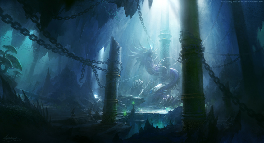 cave chain chained chains dragon fantasy fire green_fire highres mushroom no_humans original pillar ruins scales signature stalactite stalagmite sunlight watermark web_address