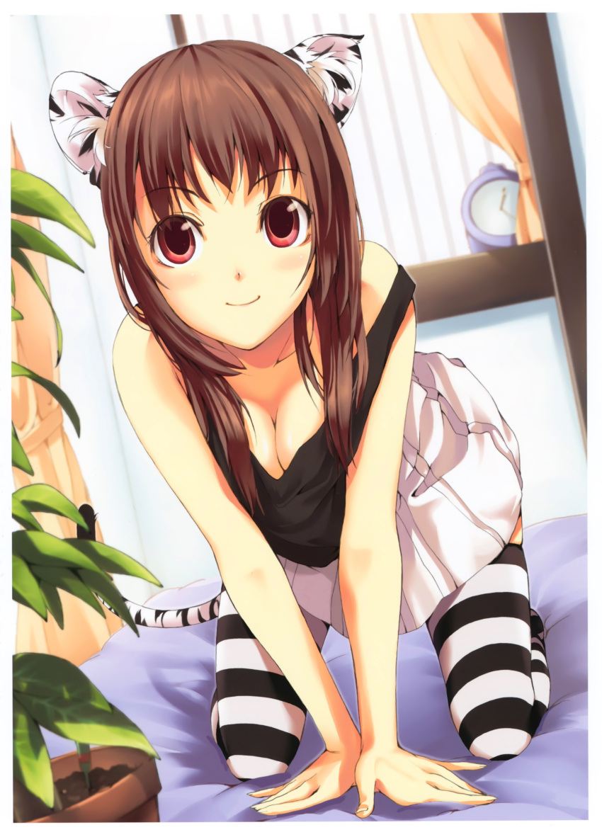 absurdres all_fours animal_ears bed blurry breasts brown_hair cleavage clock depth_of_field fingernails highres long_hair original plant red_eyes runa skirt smile solo strap_slip striped striped_legwear tail tank_top thigh-highs thighhighs tiger_ears tiger_tail