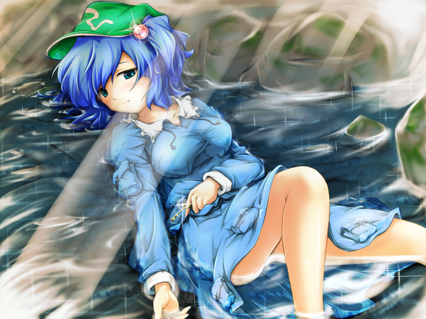 blue_eyes blue_hair blush breasts hair_bobbles hair_ornament hat highres kawashiro_nitori key lying on_back open_mouth pr0vidence red_star_(toranecomet) river rock short_hair skirt smile solo sunlight touhou twintails water wet wet_clothes