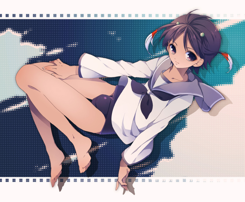 barefoot black_hair bottomless feet goroo hair_ornament inazuma_eleven inazuma_eleven_(series) inazuma_eleven_go male sailor short_hair shuu_(inazuma_eleven) smile solo trap