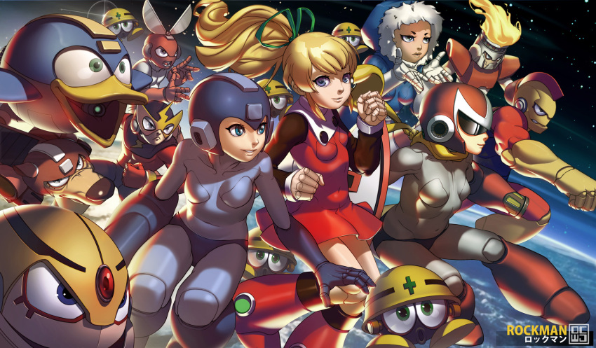 arm_cannon beat_(rockman) blonde_hair blue_eyes blues_(rockman) capcom cutman dcwj elecman fire fireman genderswap gutsman helmet highres iceman metool ponytail rockman rockman_(character) rockman_(classic) roll scarf sunglasses weapon