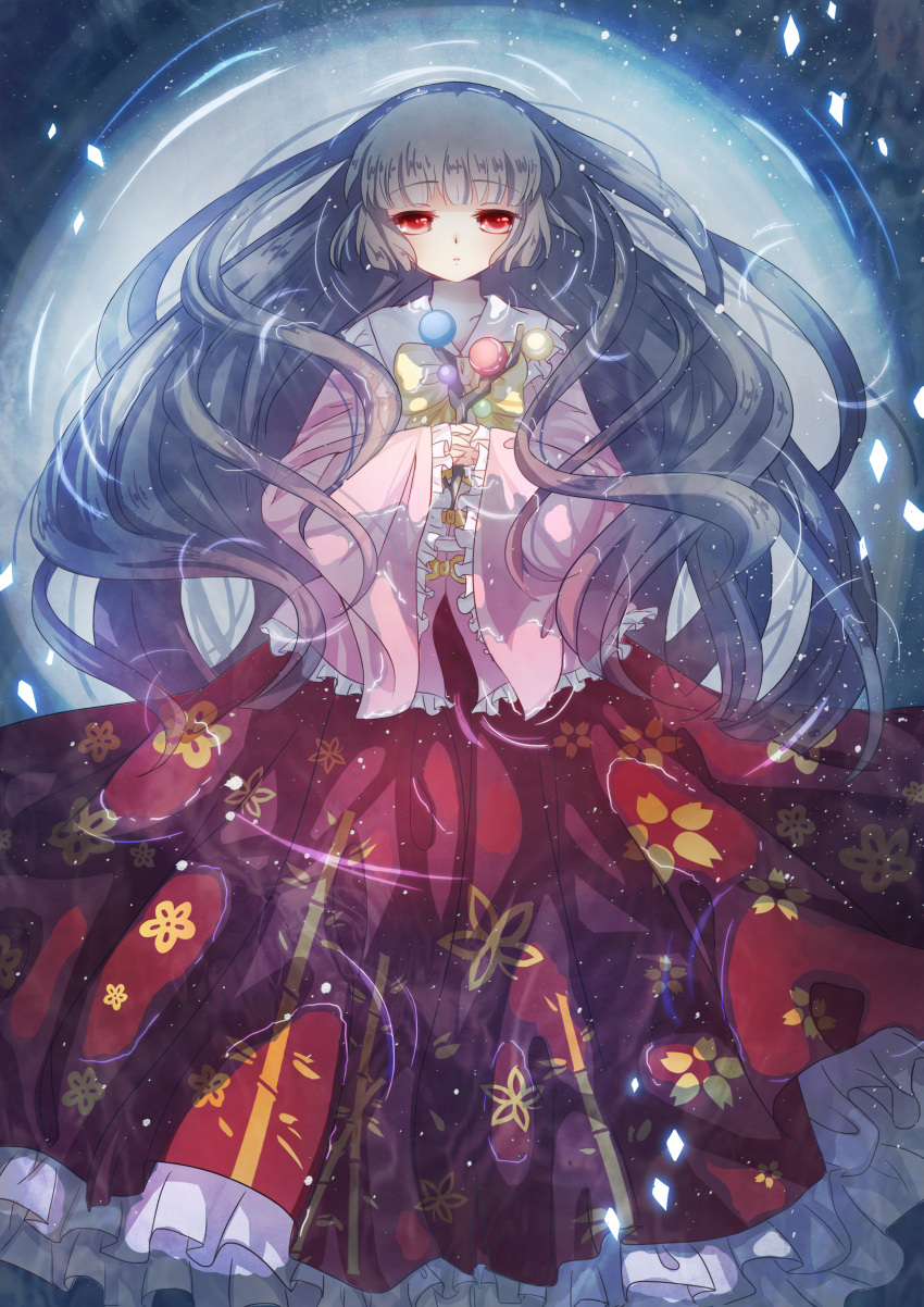 absurdres black_hair blouse branch emia highres houraisan_kaguya japanese_clothes jeweled_branch_of_hourai long_hair long_skirt partially_submerged red_eyes skirt solo touhou very_long_hair water
