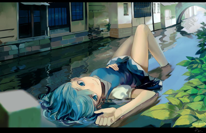 bridge cirno city feet_in_water hand_on_stomach lying on_back par. partially_submerged smile soaking_feet solo touhou water