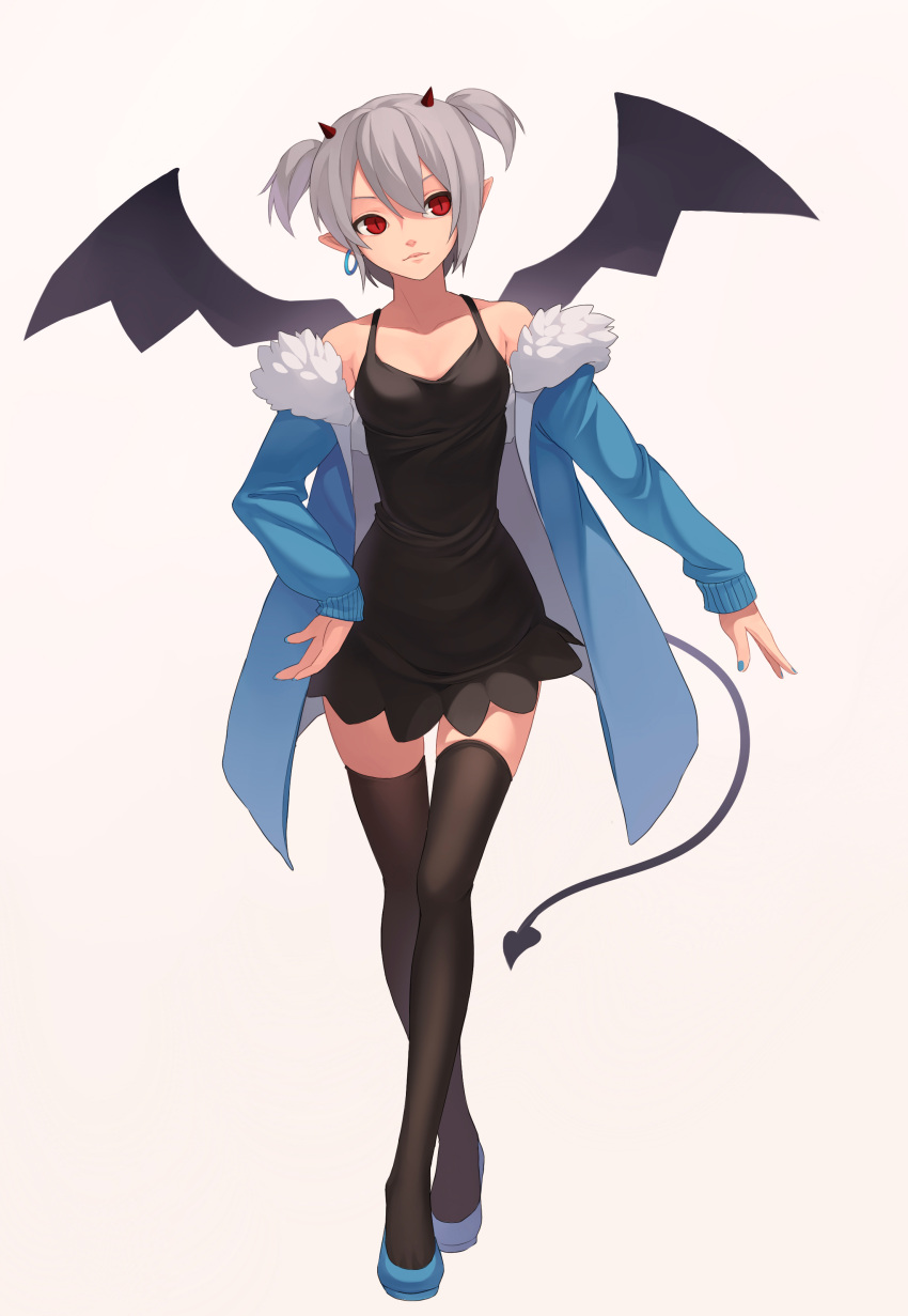 absurdres bare_shoulders black_dress black_legwear crossed_legs_(standing) demon_girl demon_tail dress fkey fur_trim grey_hair highres horns jacket jewelry nail_polish off_shoulder original pointy_ears red_eyes short_twintails single_earring slit_pupils solo tail thigh-highs thighhighs twintails wings zettai_ryouiki