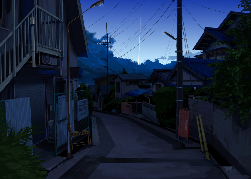 cloud condensation_trail highres house kurono-kuro lamppost no_humans original power_lines scenery sky street town twilight