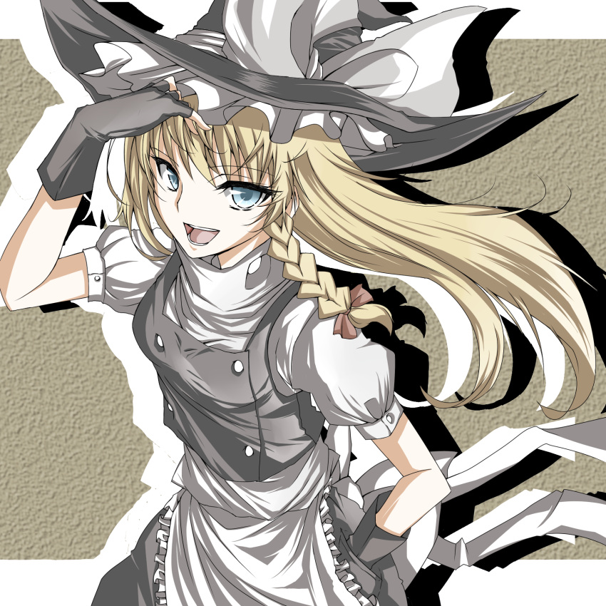 :d blonde_hair blue_eyes bow braid dress fingerless_gloves gloves hand_on_hip hat hat_bow highres hips kirisame_marisa long_hair miruto92 open_mouth single_braid smile solo touhou witch witch_hat