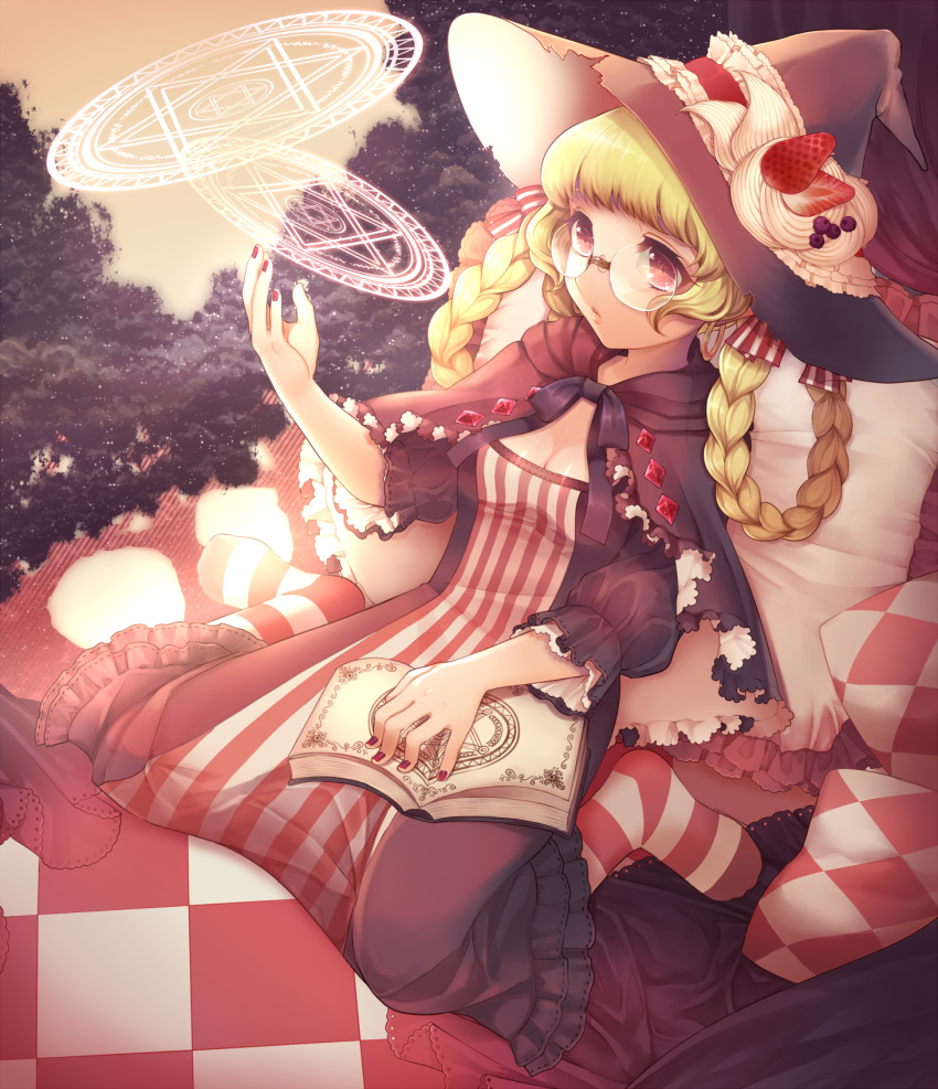 blonde_hair book braid breasts capelet checkered cleavage dress earrings food fruit glasses hat highres jewelry lips long_hair magic_circle momoshiki_tsubaki nail_polish open_book orginal original pantyhose pillow pink_eyes red_eyes sitting solo strawberry striped striped_dress striped_legwear twin_braids vertical_stripes witch witch_hat