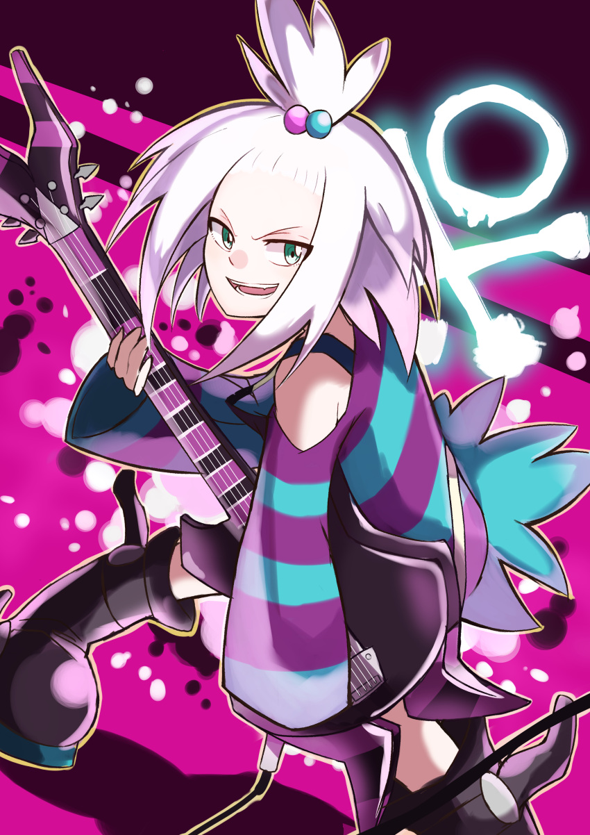 1girl absurdres bass_guitar boots commentary_request dusk_poke27 green_eyes hair_bobbles hair_ornament highres holding holding_bass_guitar holding_instrument instrument long_sleeves medium_hair open_mouth outline pokemon pokemon_bw2 roxie_(pokemon) skull_and_crossbones smile solo striped_clothes teeth topknot v-shaped_eyebrows white_hair yellow_outline