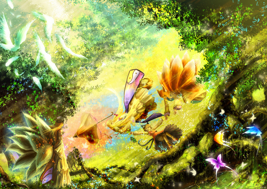bird butterfly chen closed_eyes colorful eyes_closed flying fusion hat hat_removed headwear_removed highres nature outstretched_arms parasol spread_arms touhou tree tsurugi_hijiri umbrella yakumo_ran yakumo_yukari