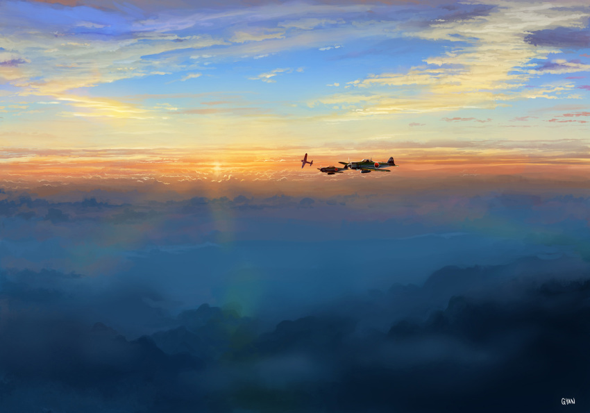 airplane cloud copyright_request gyan_(akenosuisei) mecha_to_identify military signature sky sun sunrise