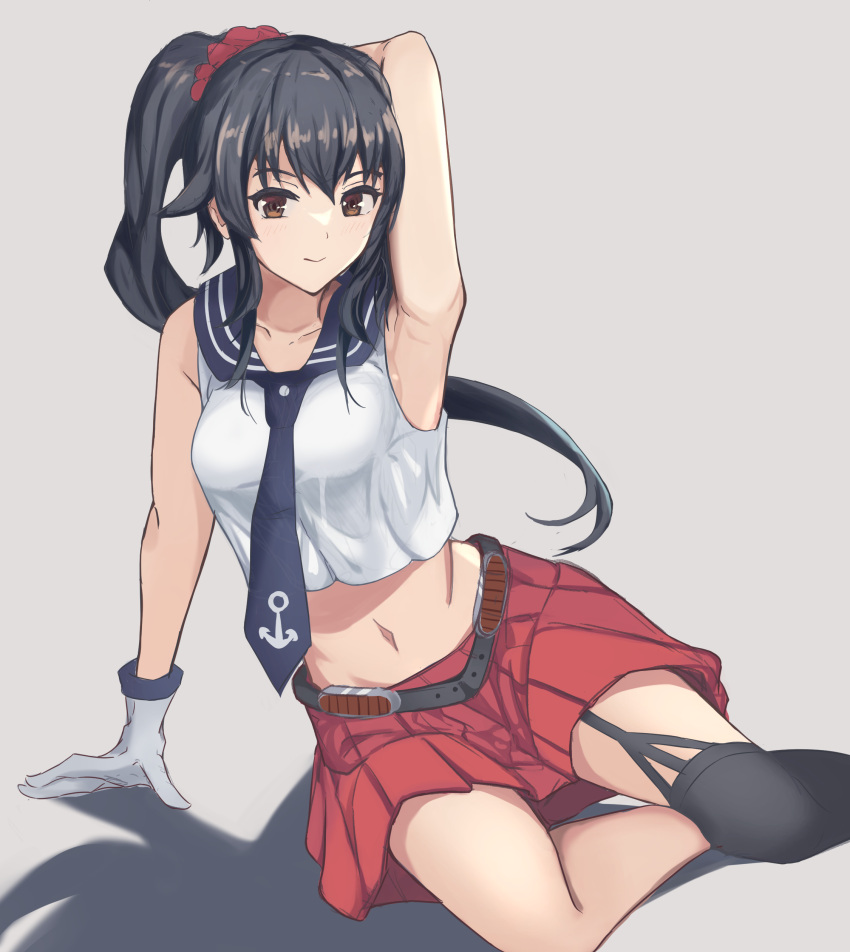 1girl absurdres anchor_symbol arm_support arm_up armpits asymmetrical_legwear black_hair black_legwear black_necktie garter_straps gloves highres kantai_collection long_hair midriff miniskirt necktie pleated_skirt ponytail red_eyes red_skirt school_uniform scrunchie serafuku sg_tacchi sidelocks single_thighhigh sitting skirt solo thigh-highs uneven_legwear white_gloves yahagi_(kancolle)