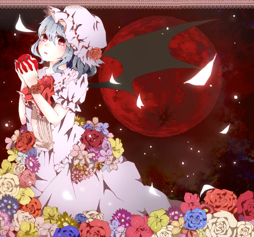 apple ascot blue_hair dress flower food frills fruit full_moon highres looking_at_viewer moon petals red_eyes red_moon remilia_scarlet rose short_hair solo touhou wings xxalbicoccaxx
