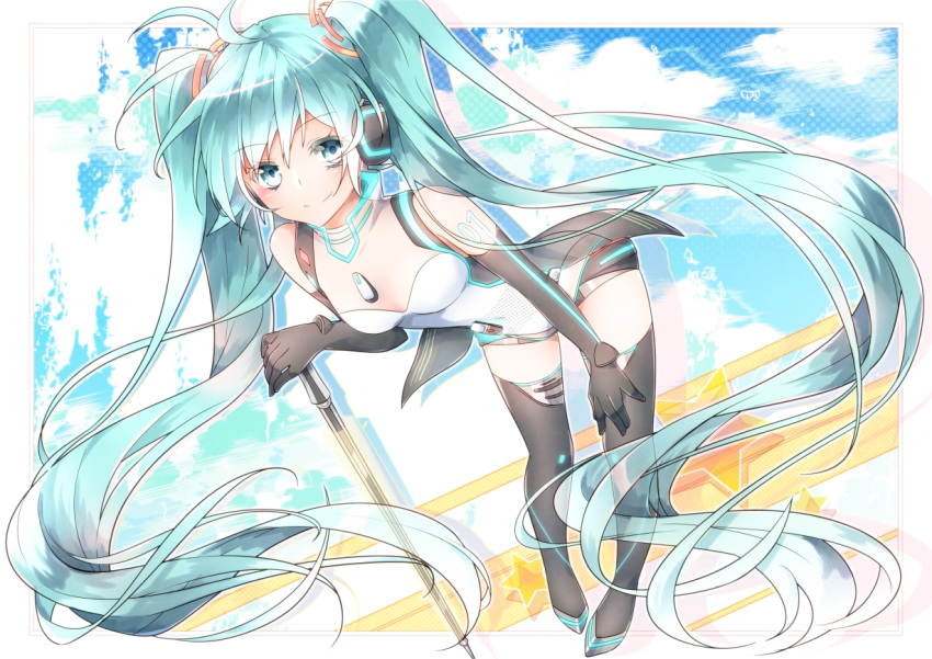 aqua_eyes aqua_hair boots cloud dutch_angle elbow_gloves gloves hatsune_miku headphones leaning_forward long_hair race_queen racequeen sakuragi_ren sky smile solo star thigh-highs thigh_boots thighhighs twintails very_long_hair vocaloid