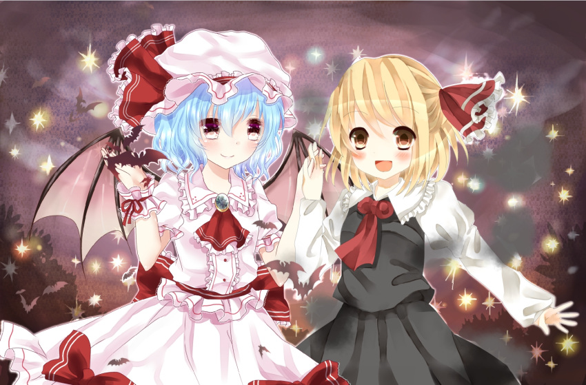 arm_up ascot bad_id bat bat_wings blonde_hair blouse blue_hair blush_stickers bow brooch bush buttons dress_shirt gingetsu_ringo hair_ribbon hand_holding hat hat_ribbon holding_hands jewelry light_particles long_sleeves looking_at_viewer multiple_girls neckerchief night open_hand open_mouth outstretched_arm purple_background purple_eyes remilia_scarlet ribbon rumia shirt short_hair short_sleeves skirt smile the_embodiment_of_scarlet_devil touhou vest violet_eyes wings wrist_cuffs yellow_eyes youkai