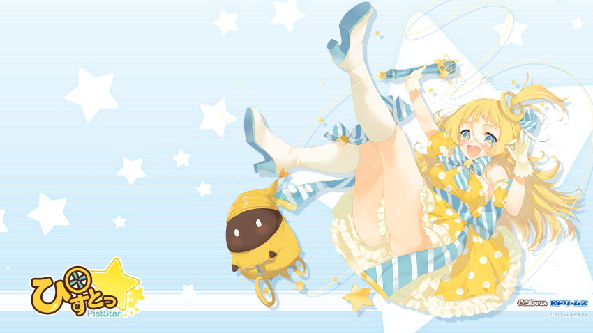 1920x1080 bicycle blonde_hair blue_eyes boots bow gloves hair_ribbon high_heels highres kippu magical_girl microphone official_art open_mouth pist-chan piststar polka_dot ribbon shoes side_ponytail star star-shaped_pupils striped symbol-shaped_pupils wallpaper yasuda-kun