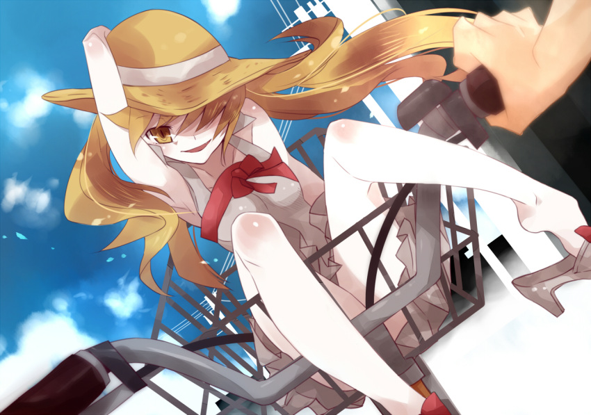 blonde_hair handle_bars handlebar hat high_heels long_hair monogatari_(series) nisemonogatari oluha open_shoes oshino_shinobu pov sandals shoe_dangle yellow_eyes