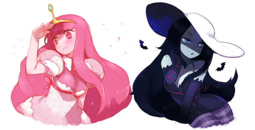 adventure_time black_hair blue_eyes dress fangs gwayom hat long_hair marceline multiple_girls pink_eyes pink_hair princess_bubblegum tiara vampire