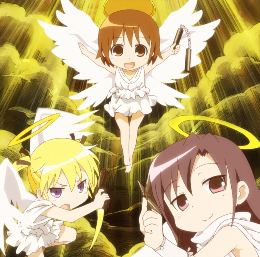 angel angel_wings bare_legs bare_shoulders barefoot blonde_hair blue_eyes brown_eyes brown_hair cloud dress goshiki_agiri gun hair_ribbon halo jewelry kill_me_baby long_hair multiple_girls nunchaku open_mouth oribe_yasuna purple_eyes ribbon screencap short_hair shuriken smile sonya_(kill_me_baby) twintails violet_eyes weapon wings