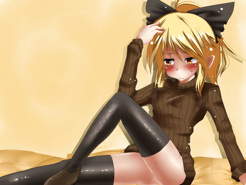 1girl alternate_costume black_legwear blonde_hair blush bottomless bow brown_eyes hair_bow kurodani_yamame naked_sweater ponytail ribbed_sweater short_hair sitting solo sweater takorice thighhighs touhou