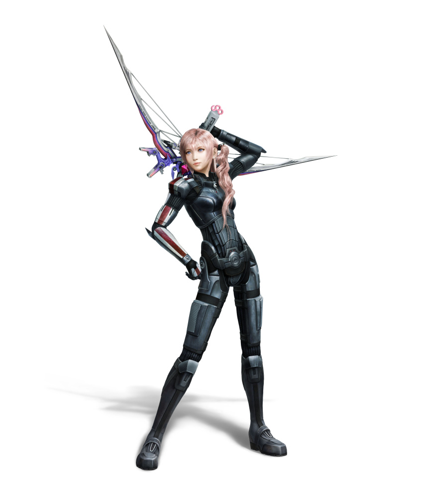 3d absurdres blue_eyes bow_(weapon) crossover final_fantasy final_fantasy_xiii hand_on_hip highres long_hair mass_effect pink_hair serah_farron side_ponytail simple_background solo weapon white_background