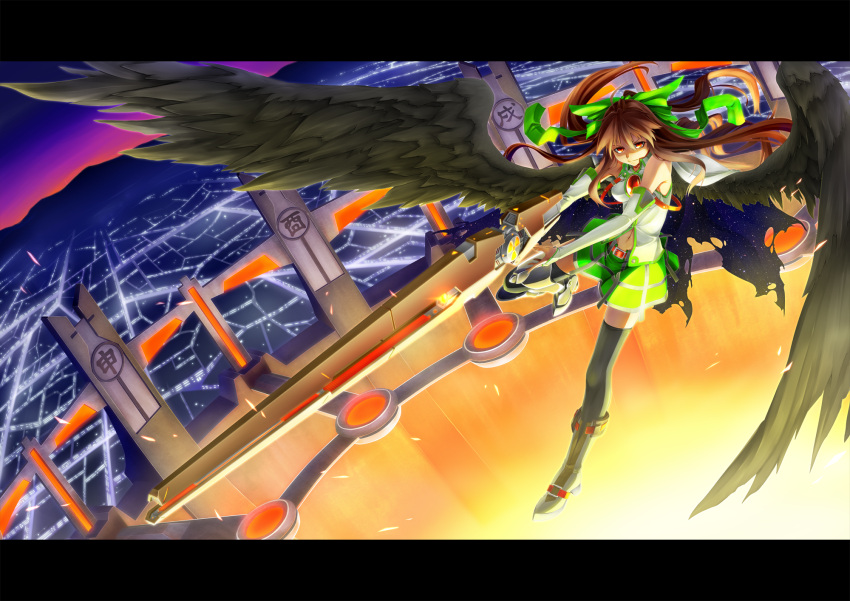 adapted_costume alternate_weapon arm_cannon black_legwear bow brown_hair cape hair_bow highres letterboxed long_hair navel raid_zero red_eyes reiuji_utsuho skirt solo thigh-highs thighhighs touhou weapon wings