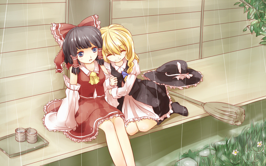 :&lt; ^_^ arm_grab ascot black_hair blonde_hair boots bow braid broom closed_eyes cup detached_sleeves eyes_closed flower grass hair_bow hair_ribbon hair_tubes hakurei_reimu hat hat_removed headwear_removed kirisame_marisa lanwee miko multiple_girls open_mouth porch rain ribbon shirt sitting skirt skirt_set smile stone teacup touhou tray veranda vest witch witch_hat