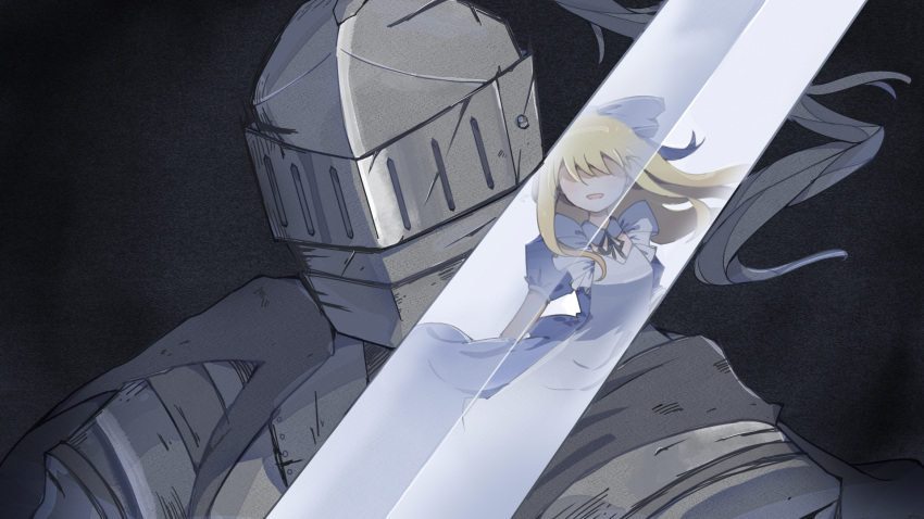 1boy 1girl alice_(black_souls) apron armor black_background black_cape black_ribbon black_souls black_souls_2 blonde_hair blue_bow blue_collar blue_dress bow cape chinese_commentary collar commentary_request covered_face dress facing_viewer film_grain floating_clothes floating_hair frilled_apron frills full_armor grimm_(black_souls) hair_bow helm helmet highres knight long_hair neck_ribbon no_eyes open_mouth plume puffy_short_sleeves puffy_sleeves reflection reflective_weapon ribbon short_sleeves sidelocks smile sword upper_body visor_(armor) weapon white_apron wing_collar zi_cha_mo_xue