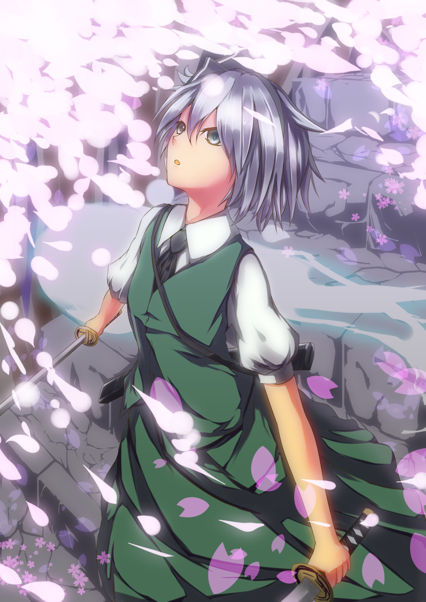 absurdres ascot cherry_blossoms dress dual_wielding grey_eyes hair_ribbon hairband highres hitodama konpaku_youmu konpaku_youmu_(ghost) looking_away petals ribbon scabbard sheath short_hair short_sleeves silver_hair sm5050 solo stairs strap sword touhou vest weapon