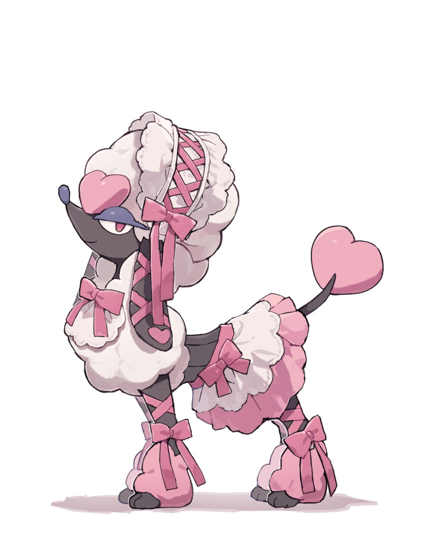 animal_focus bonnet bow closed_mouth dog full_body furfrou furfrou_(heart) heart highres looking_at_viewer moufuillust no_humans pink_bow pokemon pokemon_(creature) pokemon_focus red_eyes simple_background smile snout white_background white_bonnet white_fur