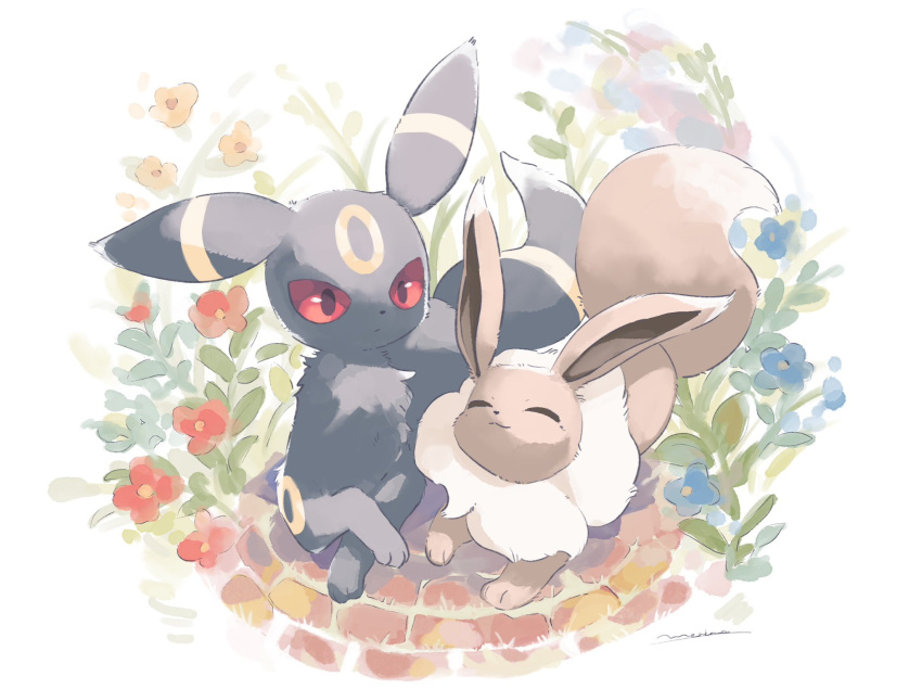 blue_flower closed_mouth colored_sclera eevee flower highres lying merino_(merino_9999) no_humans pokemon pokemon_(creature) pokemon_focus red_eyes red_flower red_sclera smile umbreon