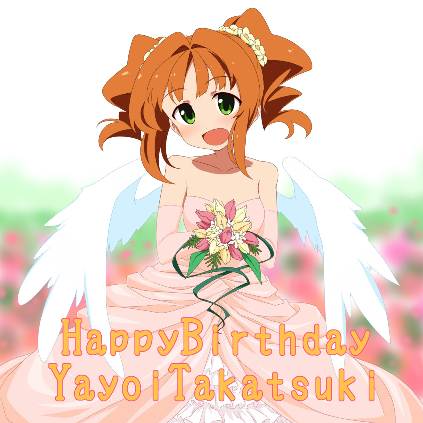 angel_wings bare_shoulders bouquet brown_hair character_name collarbone elbow_gloves english flower gloves green_eyes hair_flower hair_ornament happy_birthday highres idolmaster open_mouth solo takatsuki_yayoi takeya_yuuki twintails wings