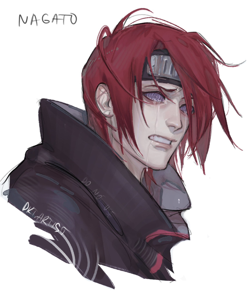 1boy akatsuki_uniform amegakure_symbol artist_name artistdkt character_name closed_mouth crying crying_with_eyes_open forehead_protector high_collar highres lips male_focus medium_hair nagato_(naruto) naruto_(series) naruto_shippuuden nose red_hair rinnegan simple_background solo tears teeth upper_body violet_eyes white_background