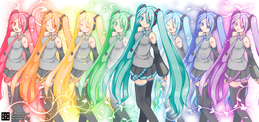 39 6+girls :d :o :q ;) ^_^ alternate_hair_color aqua_eyes aqua_hair bare_shoulders blonde_hair blue_hair closed_eyes dated detached_sleeves eyes_closed green_eyes green_hair hair_ornament hatsune_miku headset highres kurarin long_hair long_image multiple_girls multiple_persona musical_note necktie open_mouth orange_eyes orange_hair pink_eyes pink_hair purple_eyes purple_hair rainbow_order skirt smile thigh-highs thighhighs tongue very_long_hair violet_eyes vocaloid wide_image wink