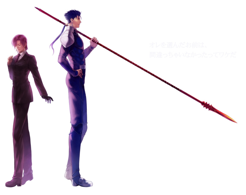 1girl bazett_fraga_mcremitz blue_hair closed_eyes earrings eyes_closed fate/hollow_ataraxia fate_(series) formal gae_bolg gloves jewelry lancer long_hair neopara pant_suit polearm ponytail purple_hair red_eyes short_hair spear suit weapon white_background